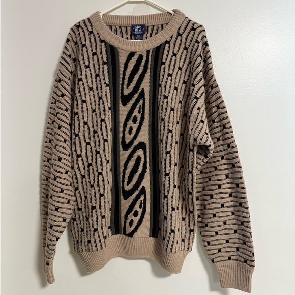 John Ashford Other - Vintage John Blair Men’s Textured 90s Beige and Black Geometric Sweater